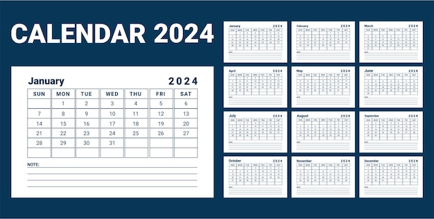 Vektor dunkelblauer tabellenkalender für 2024 planer-design-vektor-vorlage