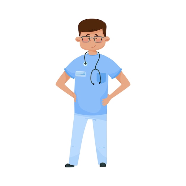 Dunkelhaariger Mann Arzt in Brille und medizinischer Uniform steht mit den Armen an den Hüften Vektorillustration