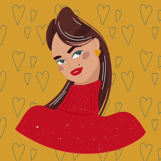 Dunkelhaariges mädchen mit roten lippen und in einem roten pullover avatar für modeillustration in sozialen netzwerken