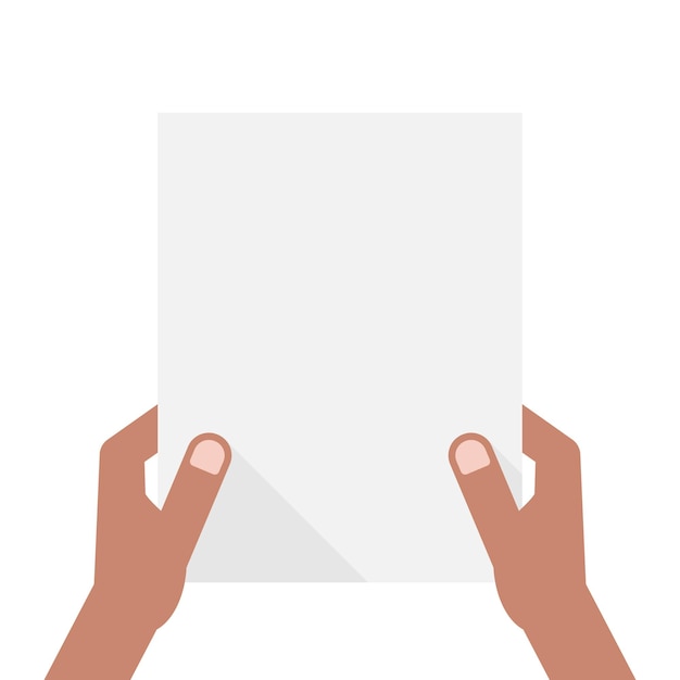 Dunkelhäutige Hände, die ein Blatt Papier halten. Konzept der Ankündigung, Einladung, Überschrift, A4, Checkliste, Hinweis, Vorführung, UI, Test. Flat Style Trend modernes Design-Vektor-Illustration auf weißem Hintergrund