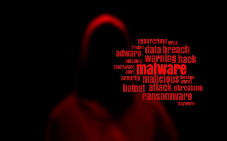 Vektor dunkelrote silhouette eines hackers in einem hoodie mit malware-tag-cloud