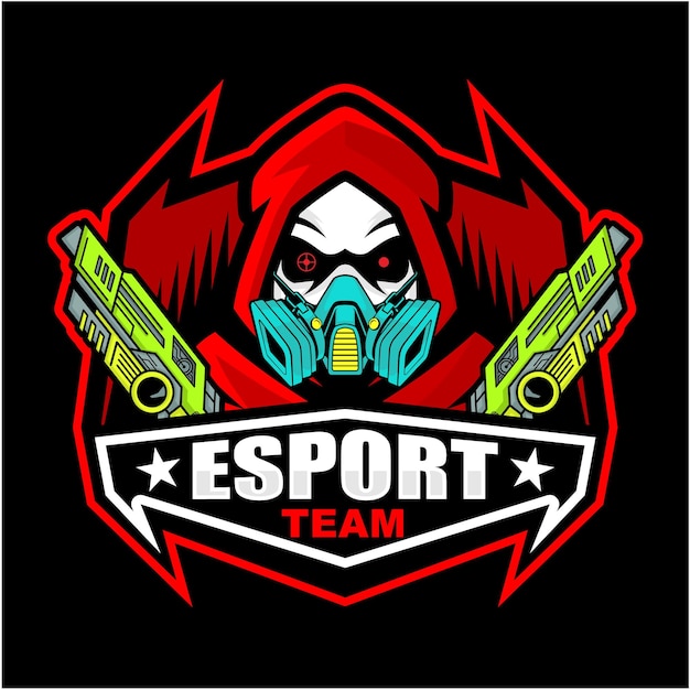 Dunkelroter reaper mit totenkopf-maskottchen-logo-design für esport-gaming-logo-clan-logo