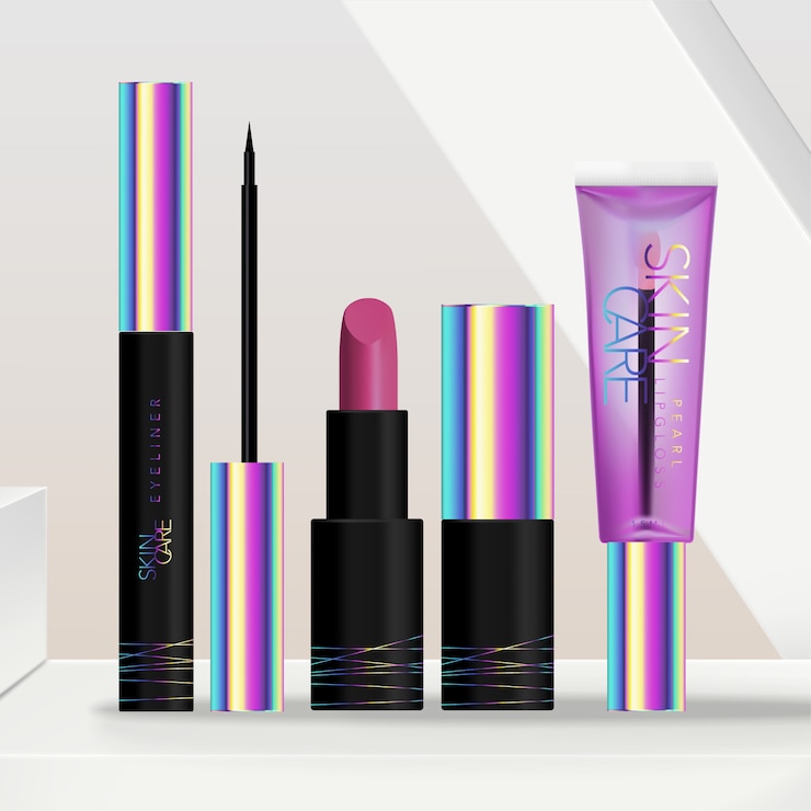 Vektor dunkle oder schwarze make-up-verpackung für holografische hautpflege- oder schönheitskosmetik mit lippenstift, lipgloss-tube und eyeliner-verpackung. minimaler geometrischer plattformhintergrund.