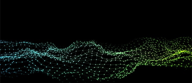 Dunkler Cyberspace im digitalen Hintergrund Abstrakte Vektortechnologie Welle mit bewegten leuchtenden Punkten