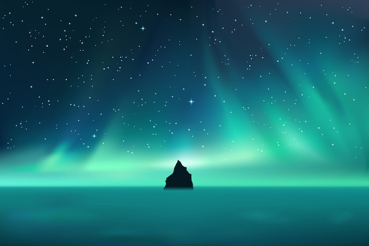 Vektor dunkler felsen gegen nordlichtlandschaft mit sternen