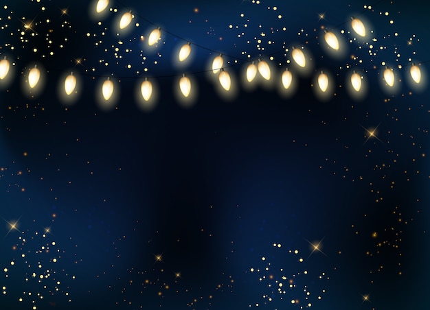 Vektor dunkler glänzender nachthimmel mit sternenhintergrund mit zwiebel-party-girlande.