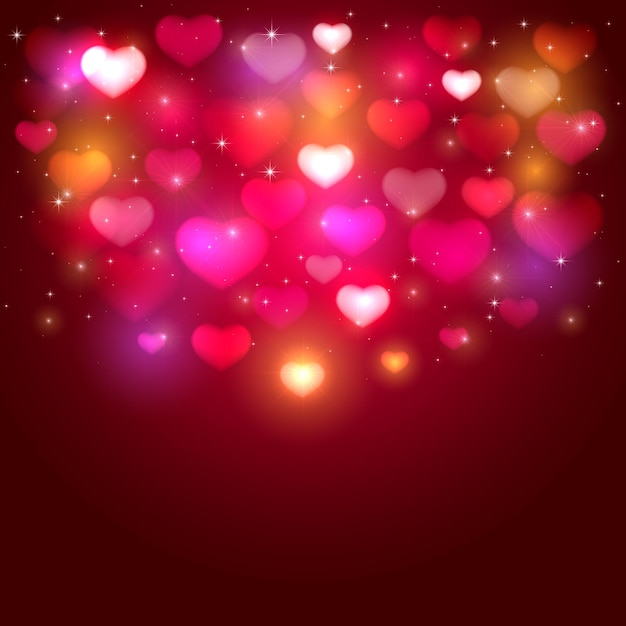 Dunkler Hintergrund mit verschwommenen Herzen und glänzenden Feiertagssternen. Thema des glücklichen Valentinstags, Illustration.