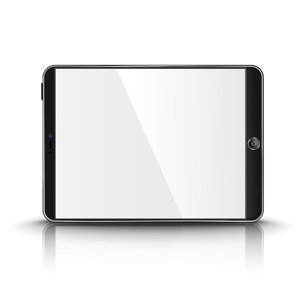Dunkler moderner tablet-computer mit leerem bildschirm lokalisiert auf weißem hintergrund mit reflexion und platz für ihr design und branding.