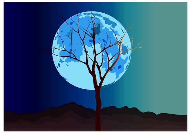 dunkler Mond mit totem Baum in der Mitte Vektorgrafiken Gestaltungselement Kunst malen Aquarellvektor