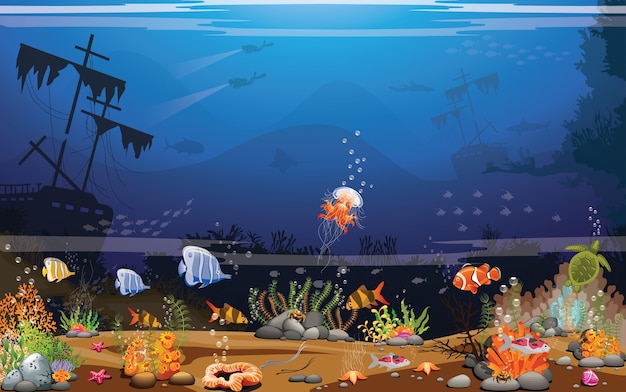 Dunkler Seehintergrund, der tiefe Unterwasserwelt beruhigt