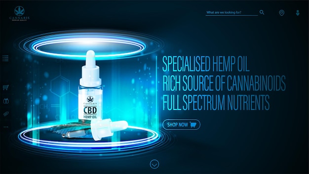 Dunkler und blauer digitaler Header mit CBD-Ölflasche mit Pipette. Poster mit dunkler Neonszene mit Neonpodest und Hologramm von CBD-Öl im Inneren