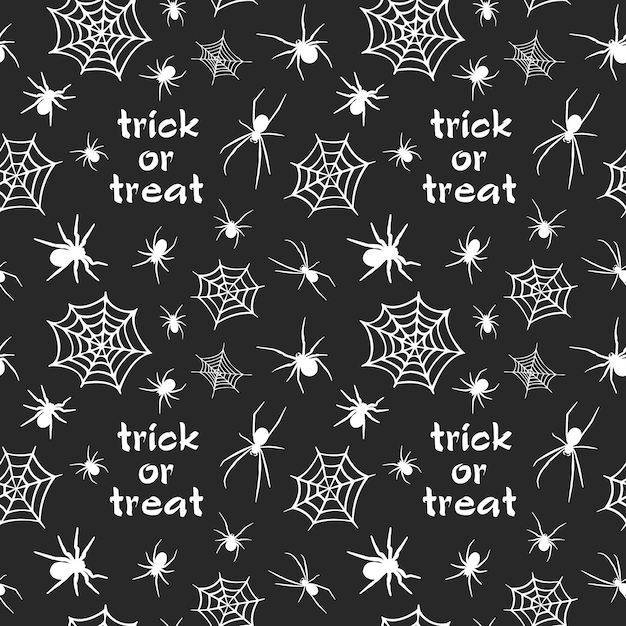 Dunkles gotisches nahtloses Halloween-Muster bestand aus vielen Spinnen, Spinnweben und Text Trick or Treat.