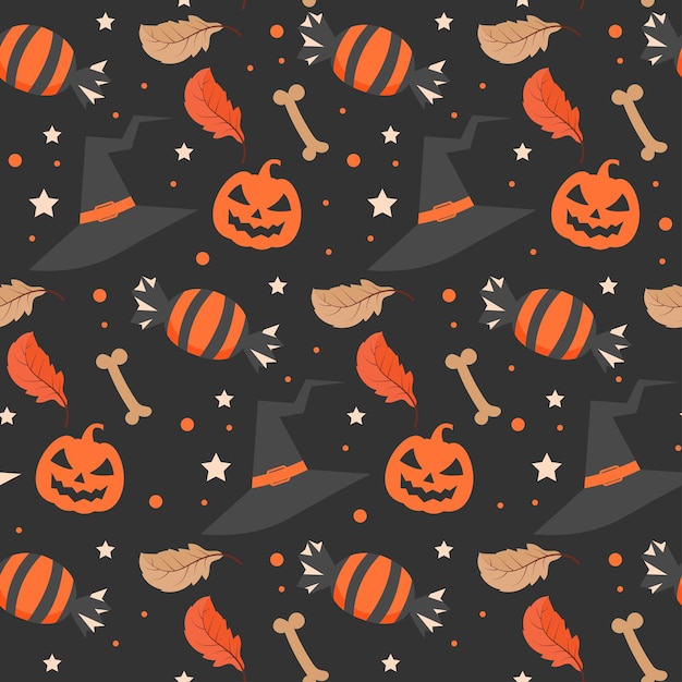 Vektor dunkles halloween-muster mit hexenhut und halloween-süßigkeiten