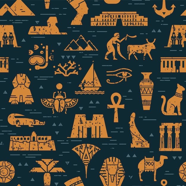 Dunkles nahtloses Muster von Symbolen, von Marksteinen und von Zeichen von Ägypten