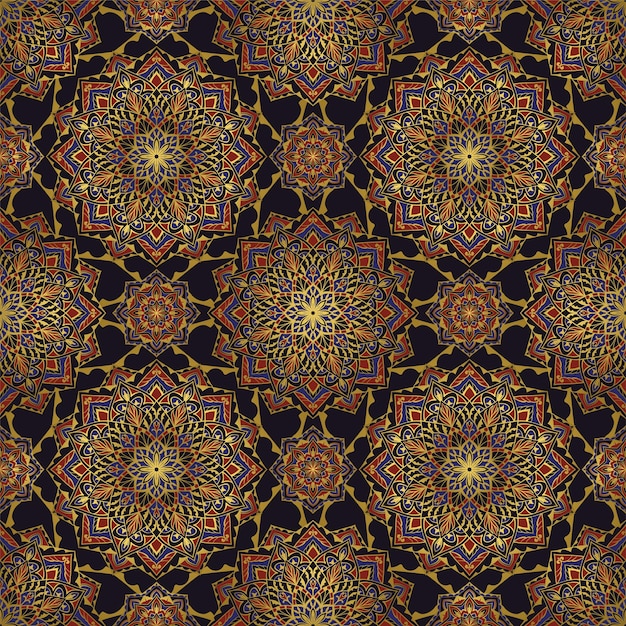 Dunkles östliches Muster mit Mandalas Vektorgoldener blauer und roter Hintergrund Tmplate für Textilien