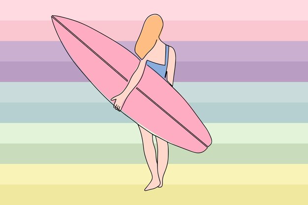 Vektor durchgehende zeichnung eines surfermädchens mit einer surfbrettzeichnung einer einzelnen linie eines surfermädchens