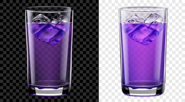 Vektor durchscheinendes hohes glas lila cocktail mit eiswürfeln. zwei optionen für dunklen und hellen hintergrund. transparenz nur im vektorformat