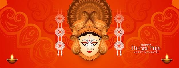 Durga puja und happy navratri hindu-festival-banner-design mit göttinnengesicht