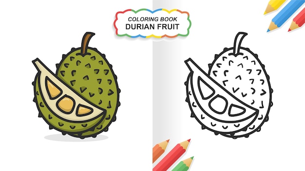 Durianfrucht handgezeichnetes malbuch zum lernen. flache farbe druckfertig