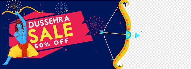 Dussehra sale header oder banner rabattangebot und lord rama charakter auf blauem feuerwerk und png hintergrund.