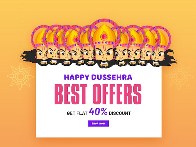 Dussehra sale poster design mit 40 rabatt angebot demon king ravana gesichter auf weißem und orangefarbenem hintergrund