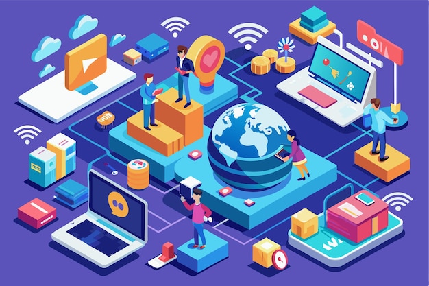 Dynamische Visuals zeigen Menschen, die mit Technologie und dem globalen Internet auf anpassbare Weise interagieren Internettag Anpassbare isometrische Illustration