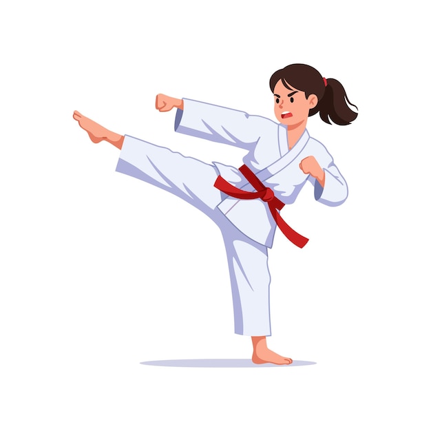 Dynamisches Karate-Mädchen führt einen hohen Tritt in einer flachen farbenfrohen Vektorillustration durch