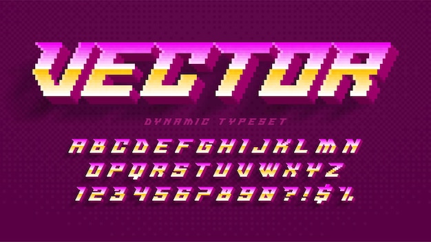Dynamisches pixel-alphabet-design, stilisiert wie in 8-bit-spielen hoher kontrast und scharf retrofuturistisch einfache swatch-farbsteuerung größenänderungseffekt