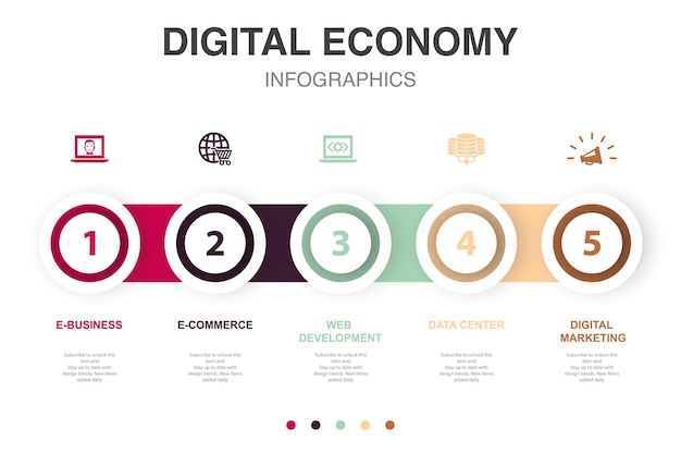 E-business e-commerce webentwicklung rechenzentrum digitale marketing-symbole infografik-design-layout-vorlage kreatives präsentationskonzept mit 5 schritten