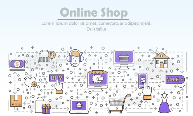 E-commerce-geschäft, das flache linie kunstillustration annonciert