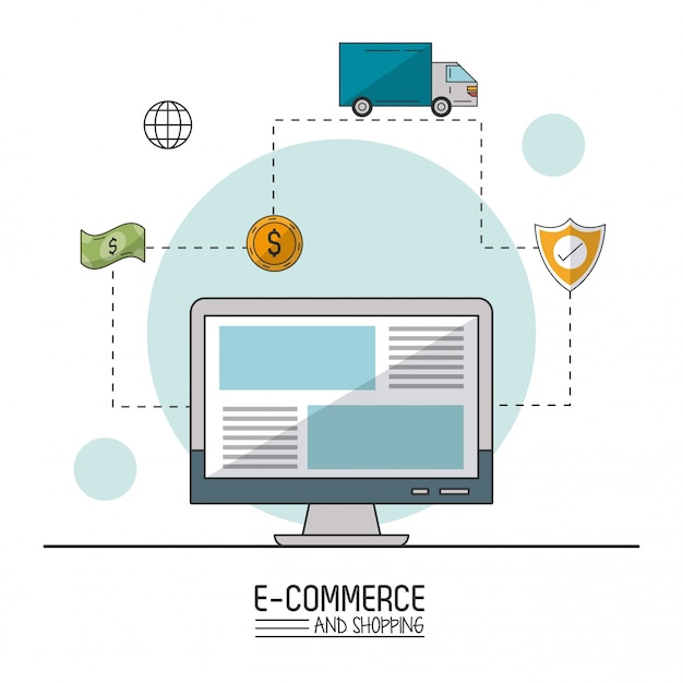 E-commerce und shopping mit desktop-computer und kaufprozess