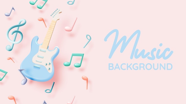 E-Gitarre mit Musiknoten, Liedmelodie oder Melodie. 3D-realistisches Vektorsymbol für Musik-Apps und Websites, Hintergrundvektorillustration
