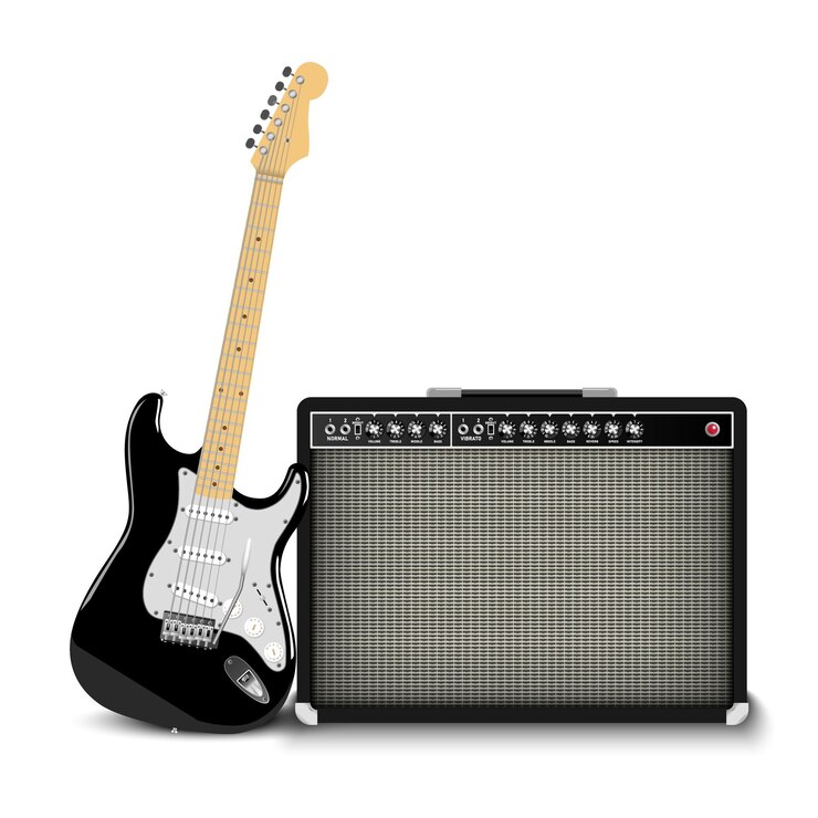 E-Gitarre und klassischer Gitarrenverstärker isoliert auf weißer Hintergrundvektorillustration