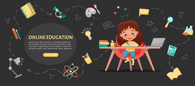 E-Klasse Konzept Banner. Online-Bildung. Nettes Schulmädchen mit Laptop. Lernen Sie zu Hause mit handgezeichneten Elementen. Webkurse oder Tutorials, Lernsoftware. flache Karikaturillustration