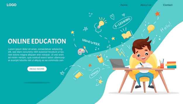 E-learning-konzept banner. online-bildung. netter schuljunge mit laptop. lernen sie zu hause mit handgezeichneten elementen. webkurse oder tutorials, lernsoftware. flache karikaturillustration