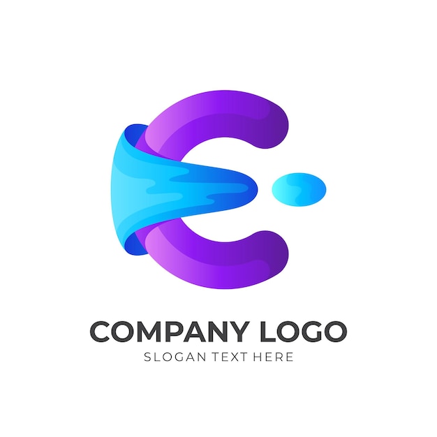 E-Logo mit Wasserdesignillustration, bunter 3D-Stil