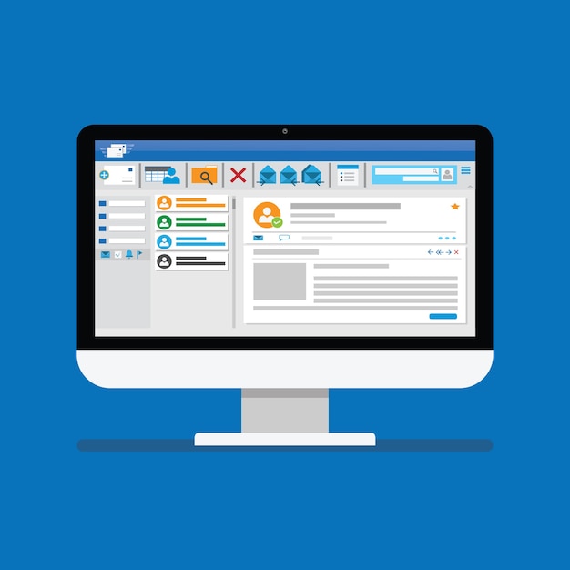 Vektor e-mail-client-software auf dem flachen bildschirm des computerbildschirms. mailing-vorlage internet-mail-frame-schnittstelle für mail-nachricht.