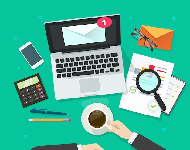 E-Mail-Marketing-Analysevektorillustration flache Draufsicht des Karikaturdesigns