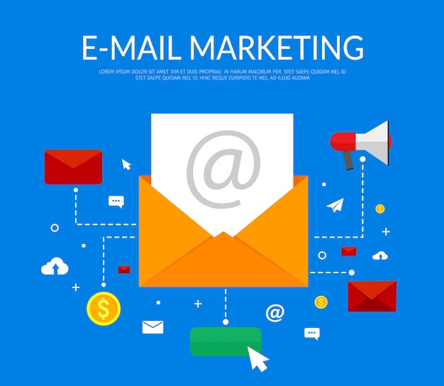 E-mail-marketing auf blau mit offenem umschlag, buchstaben und ikonen.