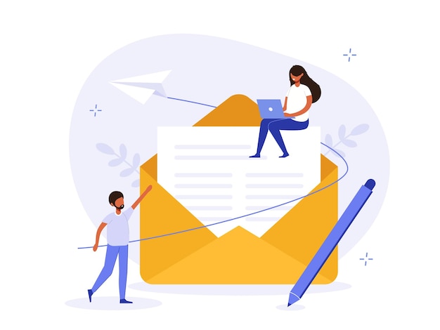 E-Mail-Marketing-Illustrationskonzept Mitarbeiter senden eine E-Mail Mann und Frau arbeiten an einem Brief