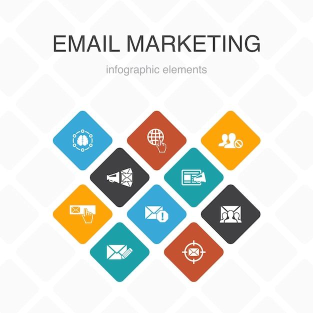 E-mail-marketing-infografik mit 10 farboptionen. abonnieren, mail verfassen, blacklist, einfache internet-symbole