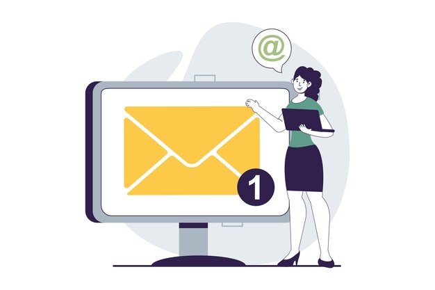 E-Mail-Service-Konzept mit Menschen-Szene in flachem Design für das Web Frau erhält eine Benachrichtigung über einen neuen eingehenden Brief am Computer Vektorillustration für Social-Media-Banner-Marketing-Material