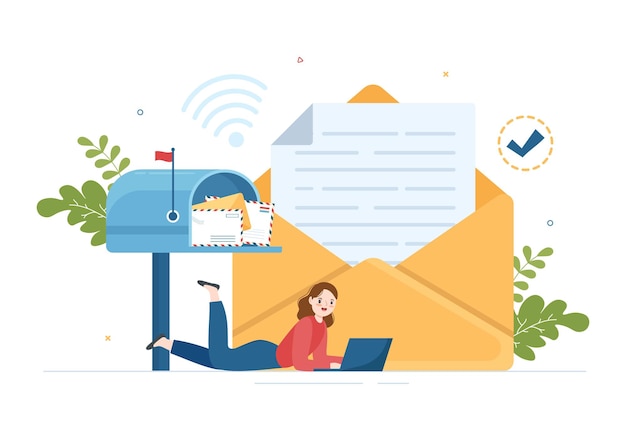 Vektor e-mail-service mit korrespondenzzustellung und geschäftsmarketing in flacher, handgezeichneter illustration