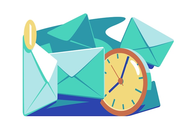 E-Mail-Timing und Marketing-Vektorillustration E-Mail-Überlastung reduzieren die Effizienz und Produktivität bei der Arbeit