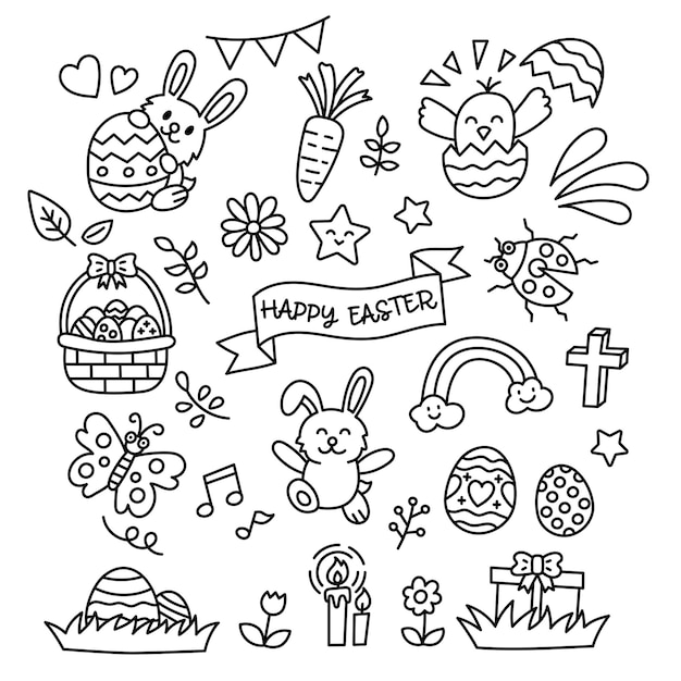 Easter doodle elements kawaii style