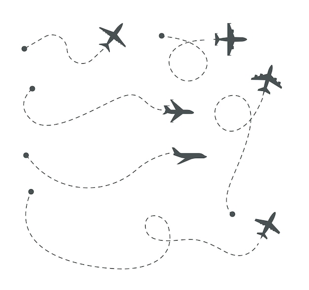 Vektor ebene wege. flugrouten, flugzeugsilhouetten und gepunktete trails vektorset. illustration flugzeugroute im himmel, flugzeug silhouette fluglinie