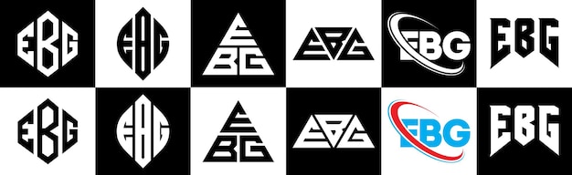 EBG Buchstaben-Logo-Design in sechs Stilen EBG Polygon Kreis Dreieck Hexagon flacher und einfacher Stil mit schwarz-weißer Farbvariation Buchstaben-Logo-Set in einem Artboard EBG minimalistisches und klassisches Logo