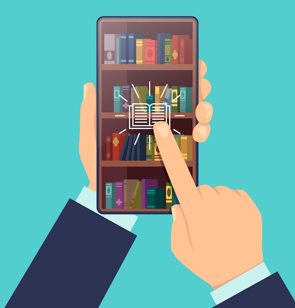 Ebook wählen. bücherregale auf dem bildschirm der digitalen technologie der intelligenten bildung des smartphones zum lernen des cartoon-konzepts