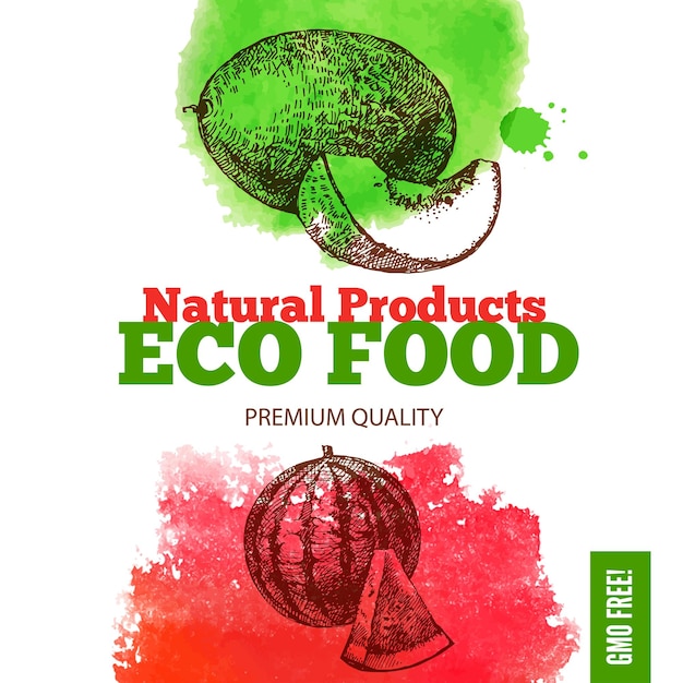 Eco food menühintergrund aquarell und handgezeichnete skizze früchte vektorillustrationx9