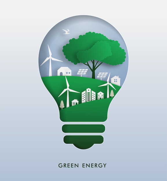 Eco-Konzept und Ökostrom in grüner Stadtpapierschnitt-Vektorillustration